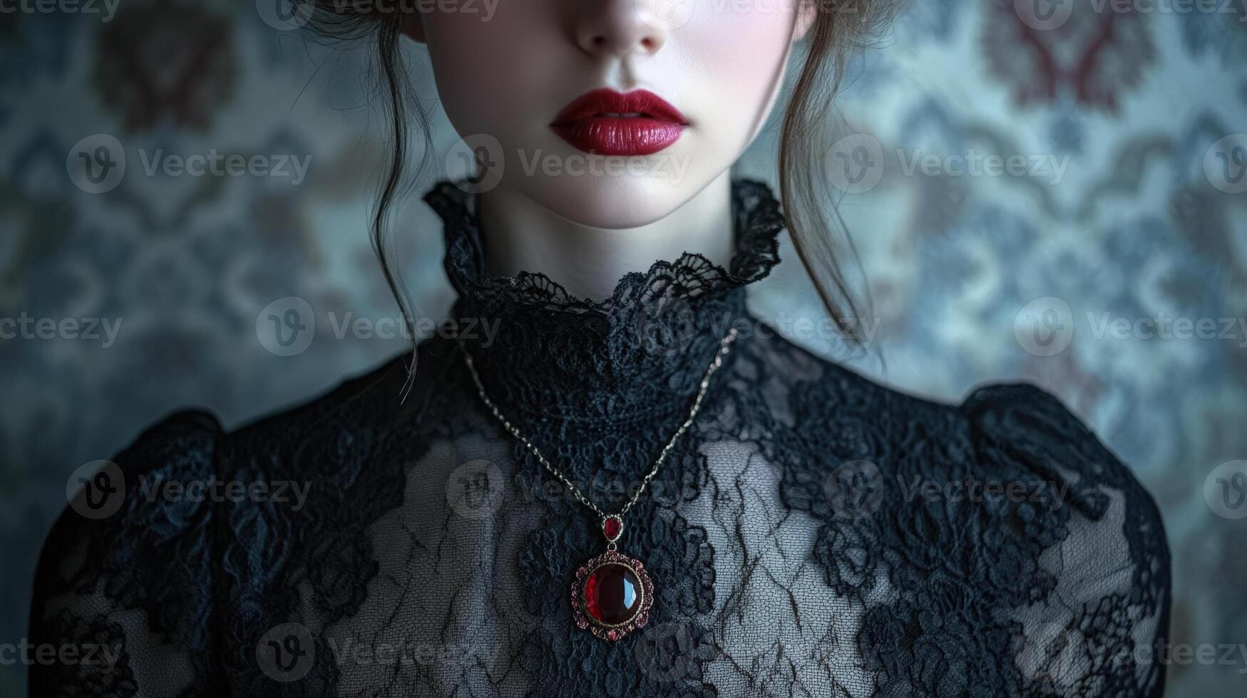 Elegant woman wearing black lace dress, red lips, and a pendant necklace. Her face is partially shown, with a subtle expression. Background features intricate patterns photo