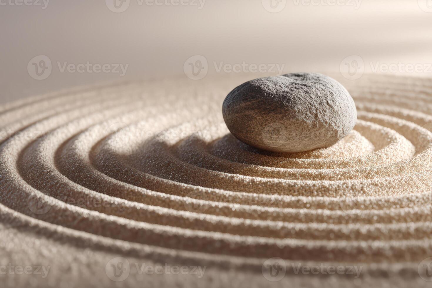 Smooth stone rests atop raked sand creating concentric circles. Soft shadows and light highlight the texture of the sand and the natural form of the stone, evoking tranquility and balance photo