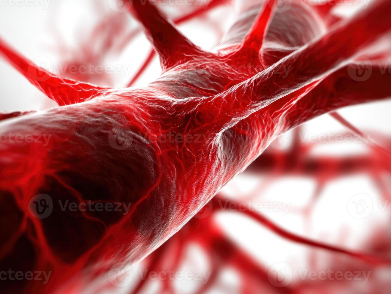 Close-up of intricate red blood vessels interwoven protectively, showcasing their detailed textures and fibrous structure, emphasizing the vitality and complexity of the human circulatory system photo
