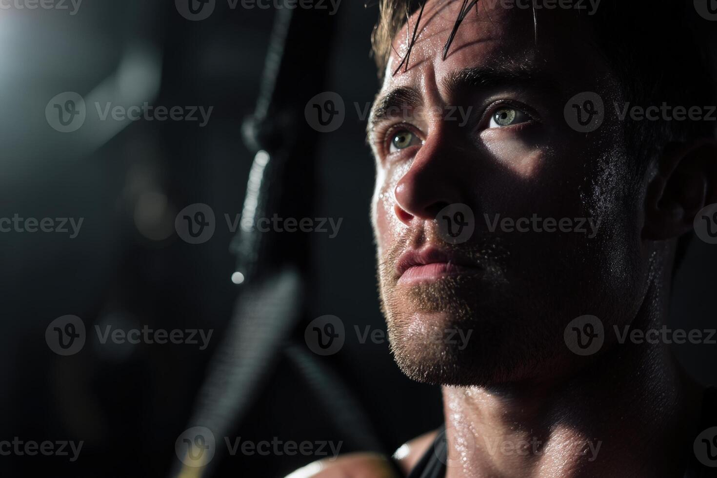 Focused man with sweat on his face, looking intensely off-camera, with dark hair and a determined expression. Strong lighting highlights facial features in a dramatic way photo