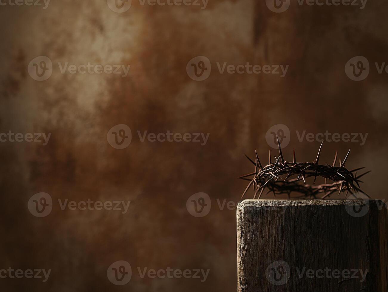 Crown of thorns rests atop a wooden block, casting shadows against a softly lit, textured background in subtle brown hues, evoking a somber and contemplative mood photo