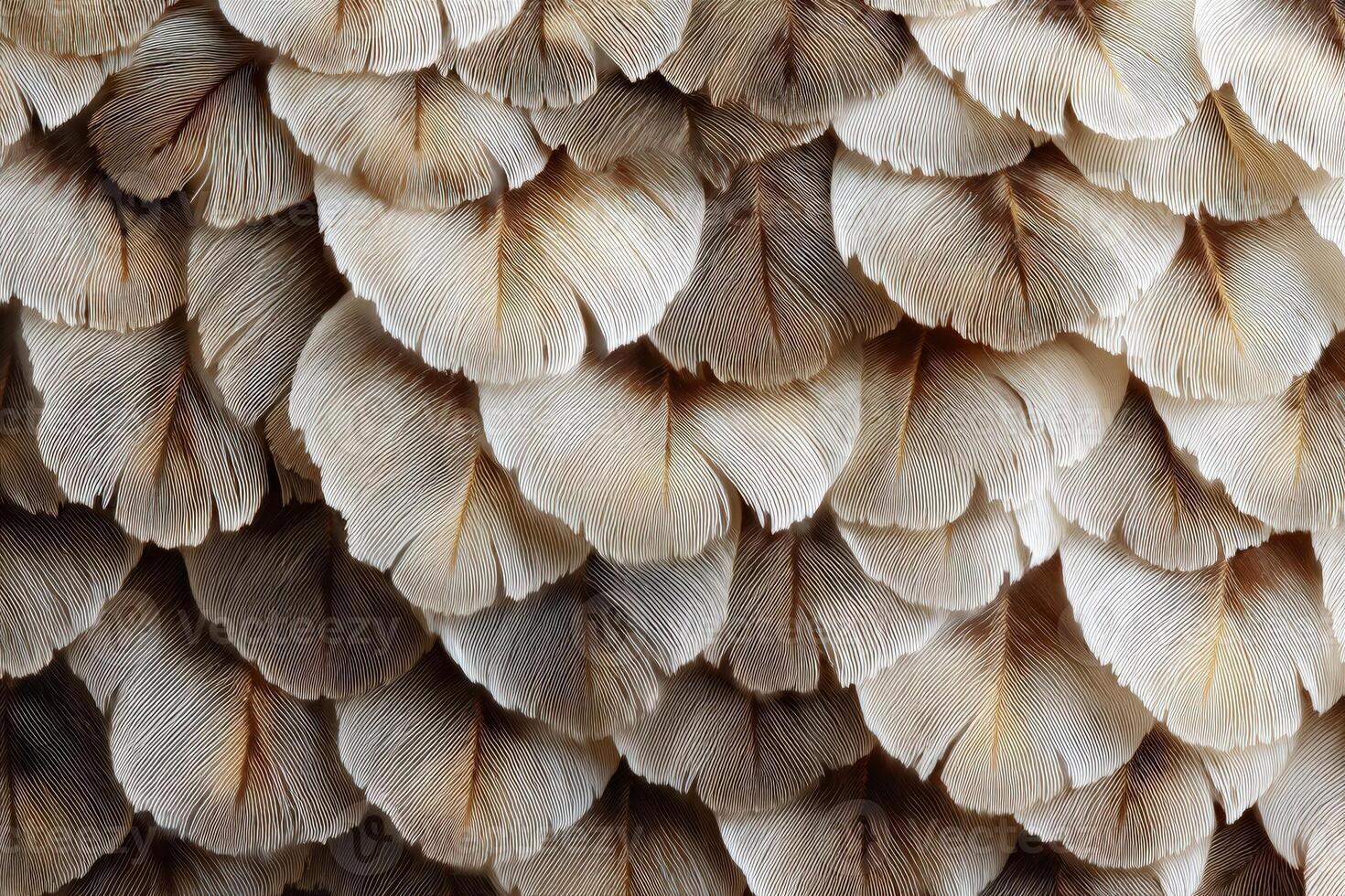 Detailed close-up of overlapping beige and brown feather layers, exhibiting texture and intricate patterns resembling scales. Soft lighting highlights natural curves and fine details photo