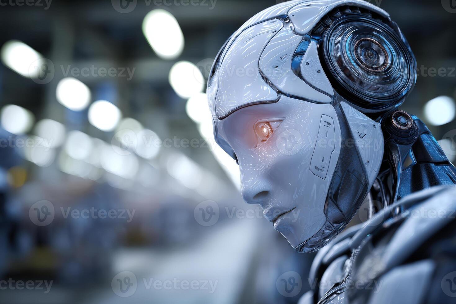Robotic figure with futuristic design, metallic surface, and illuminated eye in a blurred industrial setting. The atmosphere suggests advanced technology and innovation vision photo