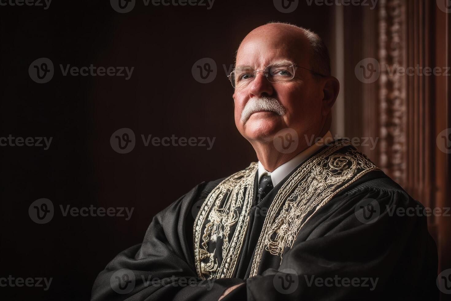 Elderly man with a mustache in ornate robe stands with arms crossed. Glasses perched on his nose. Detailed embroidery on robe adds elegance. Dark, blurred background. No text visible photo