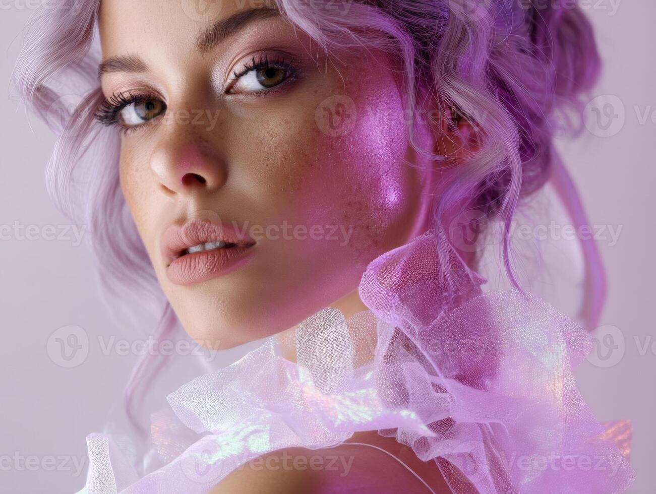 Young woman with delicate features, lavender hair, and soft pink lighting. Wearing a sheer, ruffled fabric, she gazes thoughtfully, with light illuminating her right side photo