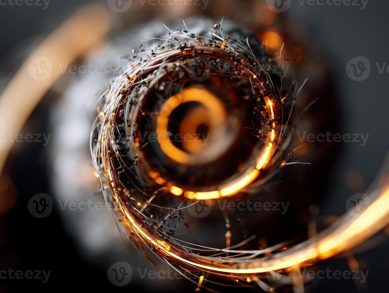 Abstract swirling spiral with glowing orange lights and fine metallic strands, creating a mesmerizing, dynamic visual effect. The design is intricate and appears energetic and futuristic photo