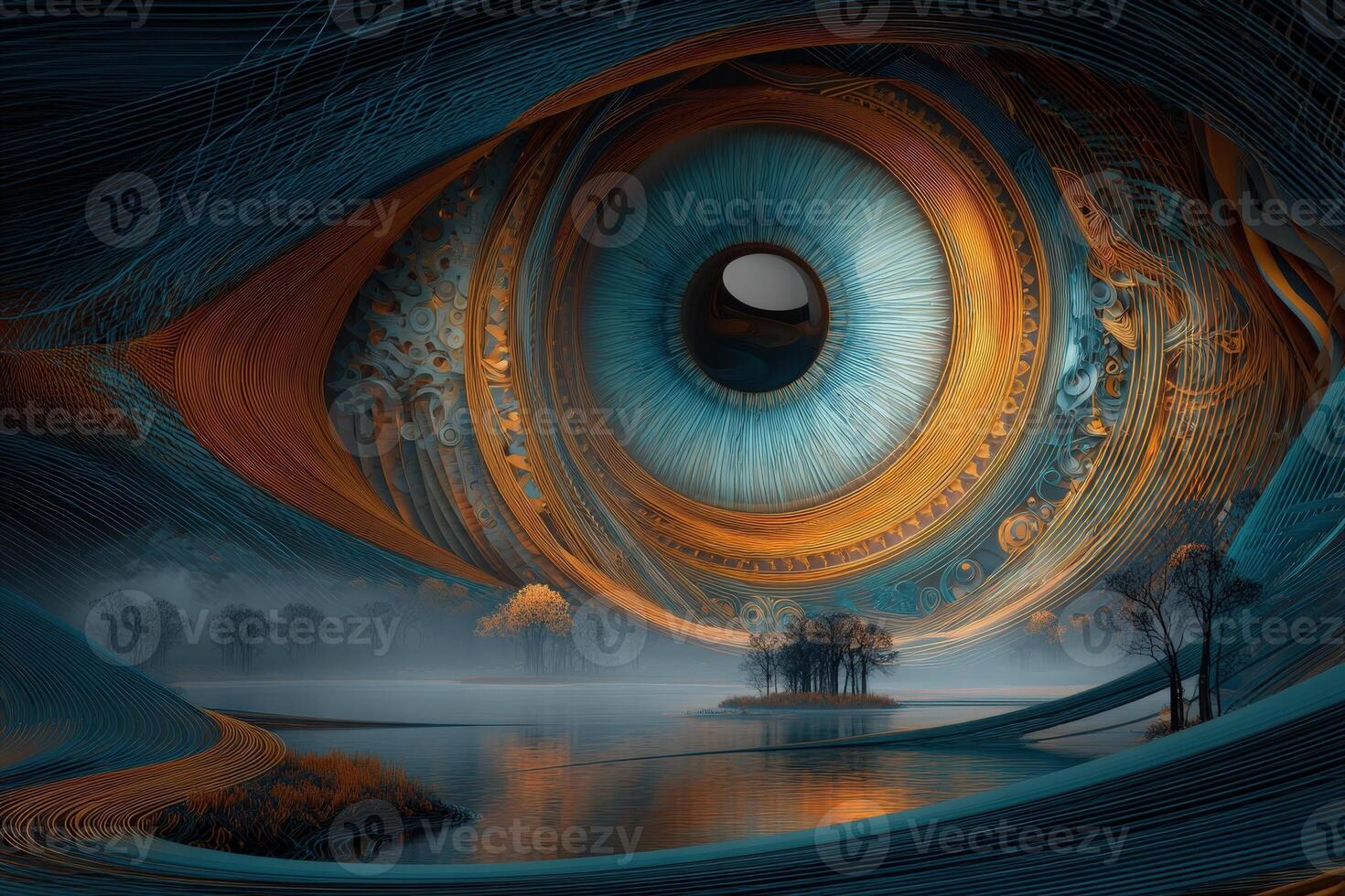 Surreal illustration featuring a giant eye with intricate patterns in blue and orange tones, overlooking a serene lake with small islands and sparse trees, creating a mystical atmosphere photo