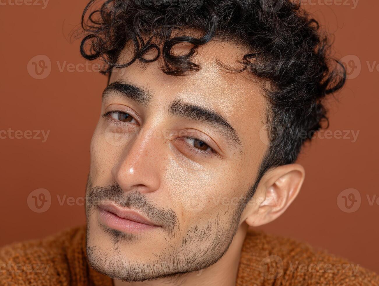 Curly-haired person with facial hair gazes softly at the camera, wearing a light brown sweater. Warm and inviting expression enhances the intimate portrait style photo
