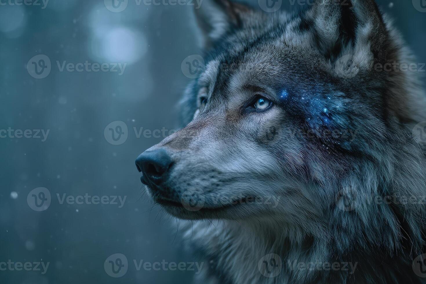 Wolf gazing into the distance, illuminated by subtle blue cosmos-like patterns on its fur, amidst a soft-focus wintery scene with falling snowflakes and a calm, introspective mood photo