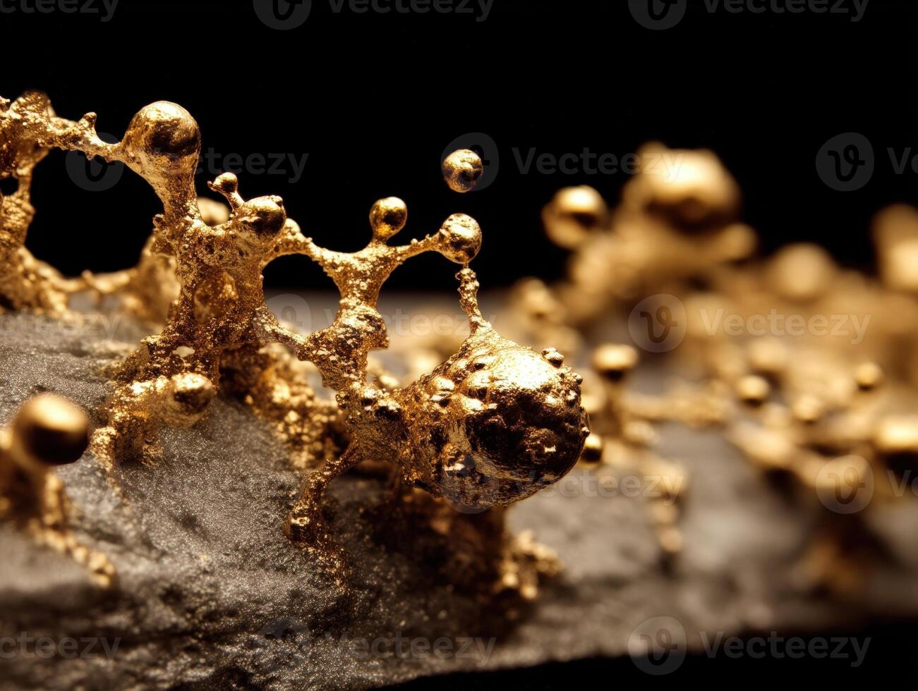 Golden, organic structures resembling molten metal formations, with spherical and irregular shapes, scattered on a textured surface, casting shadows, and featuring intricate details photo
