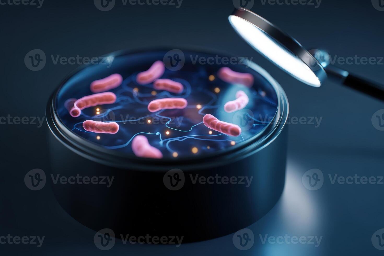 Pink bacterial-like structures float in a dark petri dish illuminated by a magnifying lamp. Thin, wavy lines connect them, creating a network-like appearance photo