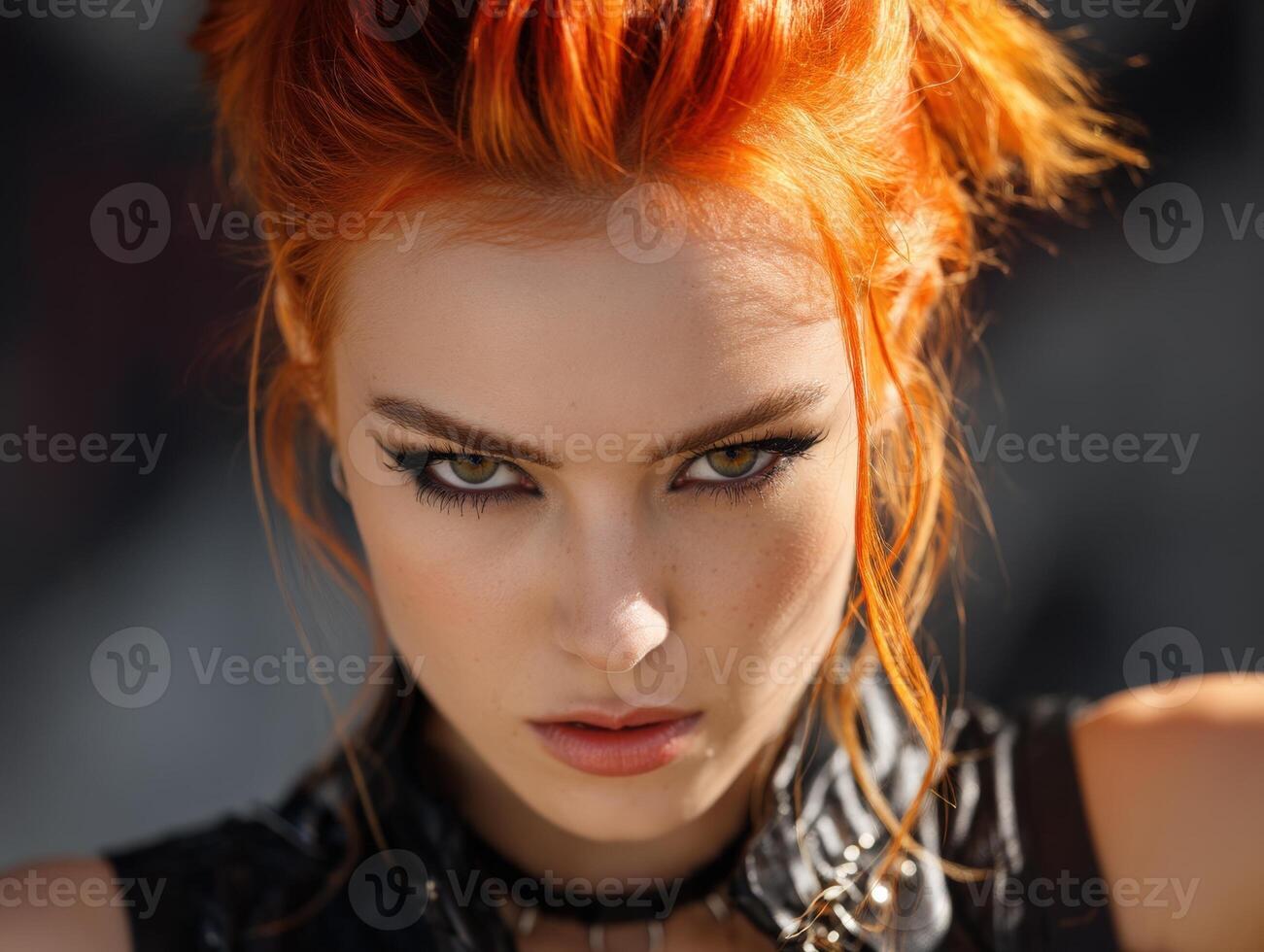 Fiery-haired person with intense gaze and dramatic makeup, wearing a dark outfit with metallic details. Sunlight highlights hair, creating a striking blend of shadows and brightness photo