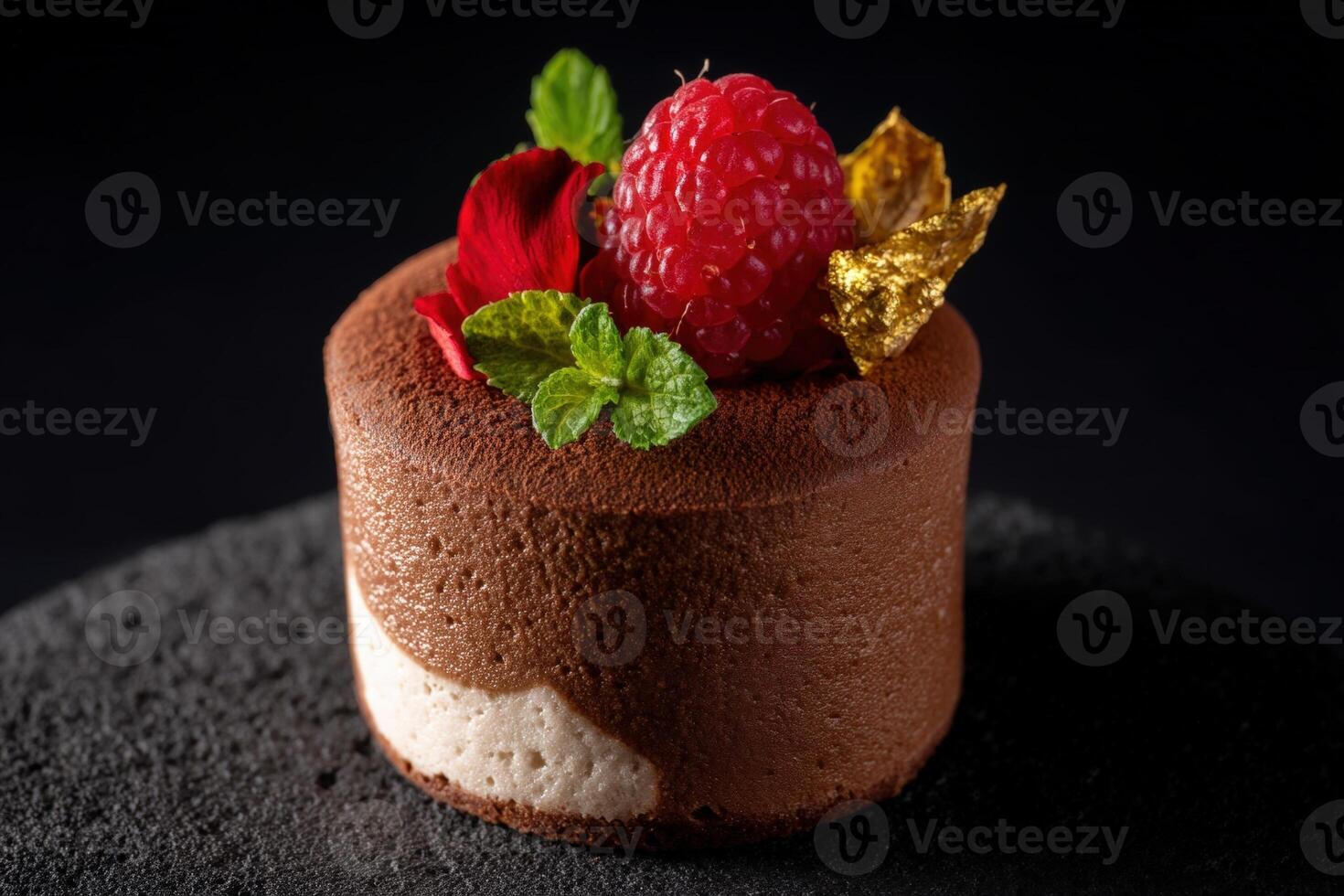 Chocolate mousse cake garnished with a vibrant raspberry, red petals, mint leaves, and gold flakes on a textured surface. The dessert appears rich and elegant, perfect for gourmet presentations photo
