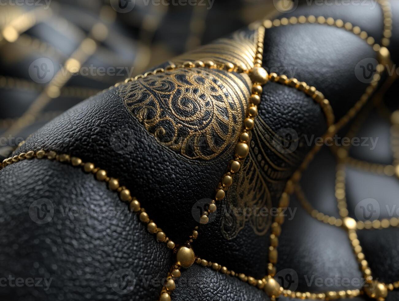 Luxurious black textured material with intricate golden patterns and elegant stitching forms a quilt-like design. The ornate details and shiny beads add sophistication and opulence photo