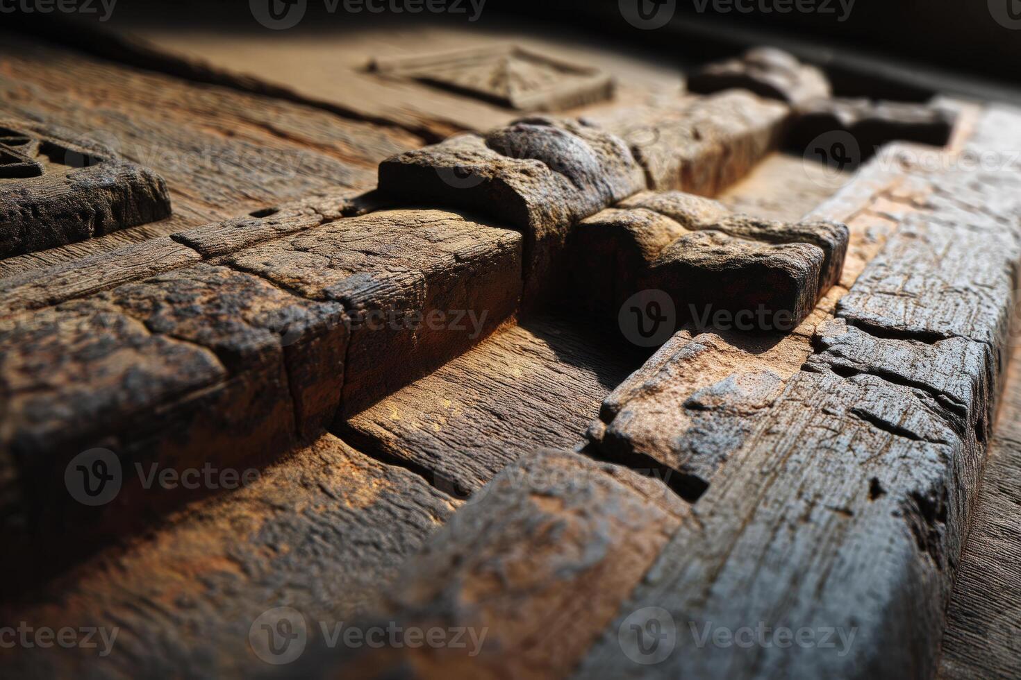 Rough wooden door adorned with intricate carvings, highlighted by soft light, showcasing aged texture and craftsmanship. The focus is on detailed wood grain and sculpted shapes photo