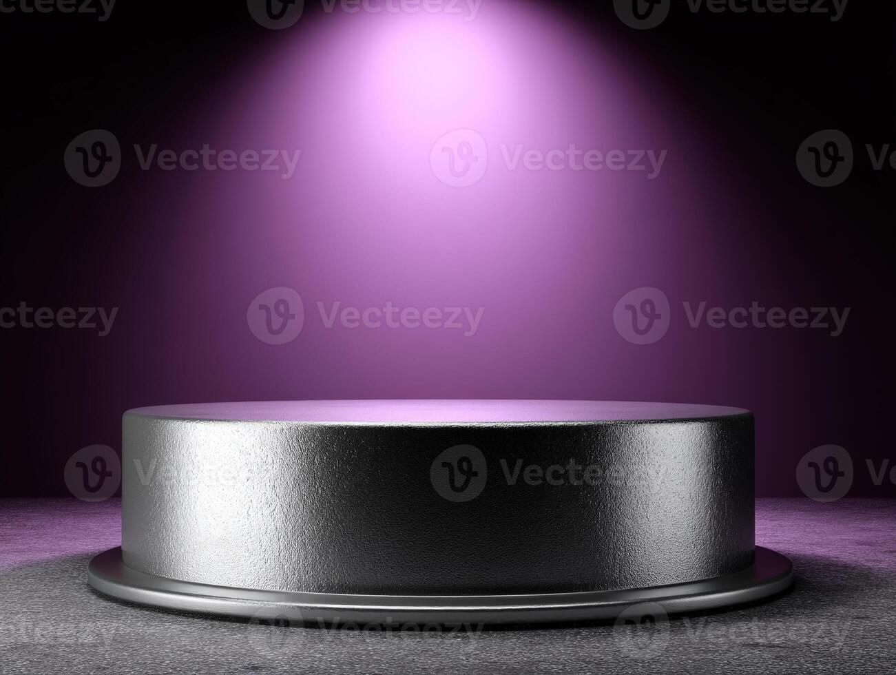 Metallic cylindrical podium under spotlight with a gradient of purple light illuminating from above, creating a dramatic and elegant atmosphere. Textured platform surface reflecting light photo