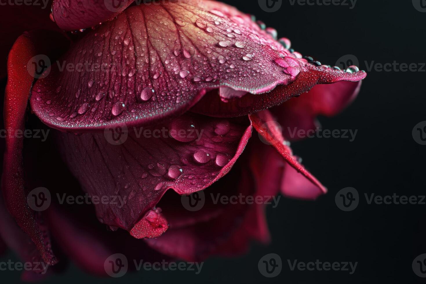 Raindrops delicately cover deep red petals, casting a soft, ethereal glow on their velvety texture. The close-up view accentuates the fine details of the intricate floral structure photo