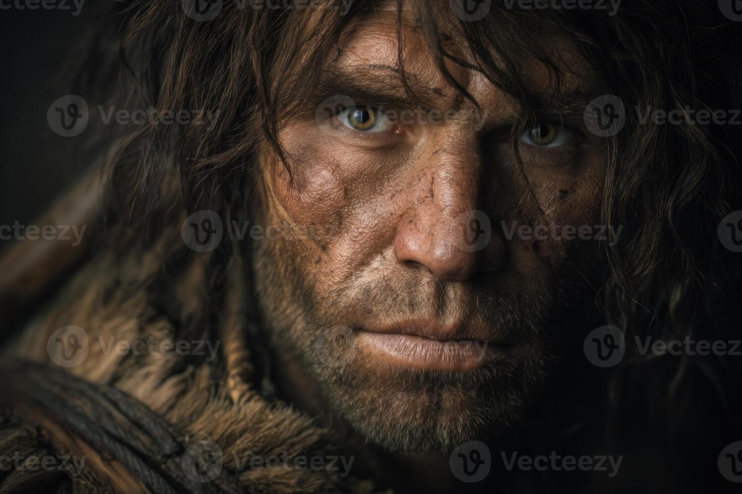 Shaggy-haired man with rugged face, intense expression, and earthy attire, evoking a prehistoric vibe. Dirt smeared across skin enhances the raw, primal appearance of the subject photo