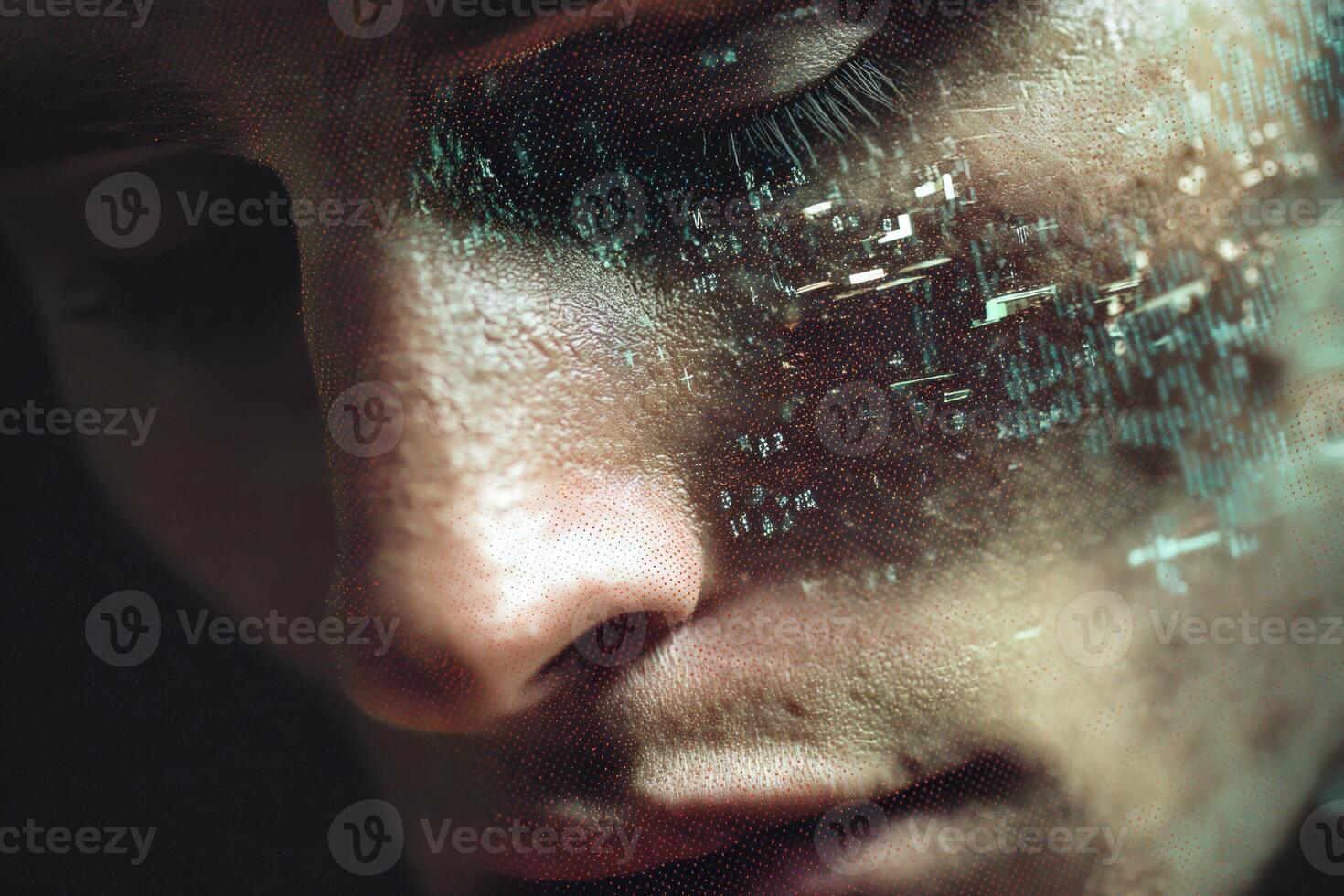A close-up of a person's face with holographic digital symbols and patterns projected onto their skin, blending technology with human features, creating a futuristic and surreal aesthetic photo