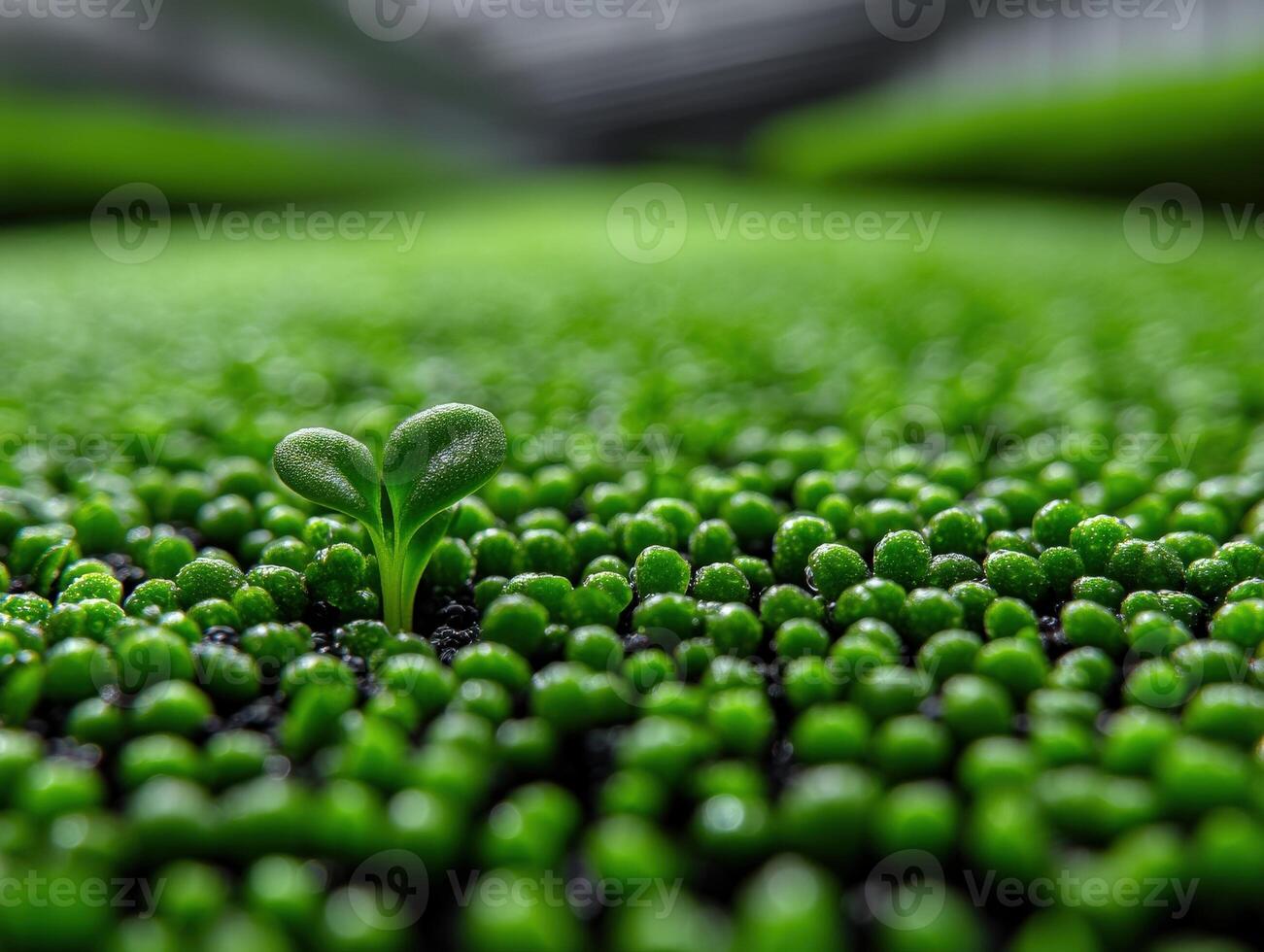 Tiny green seedling emerges among a field of round, lush, dew-covered plants in a focused, close-up shot. Soft edges and blurred background convey a sense of growth and fresh beginnings photo