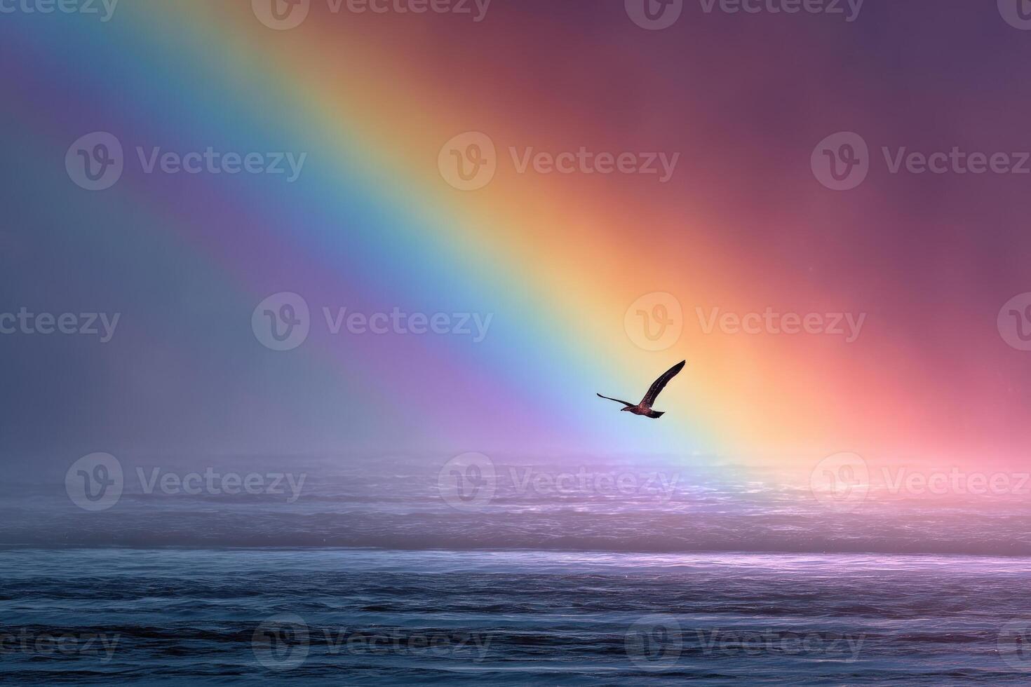 A vibrant rainbow arcs across a misty sky over the ocean as a solitary bird soars through the air, its wings spread wide against a backdrop of fading daylight photo