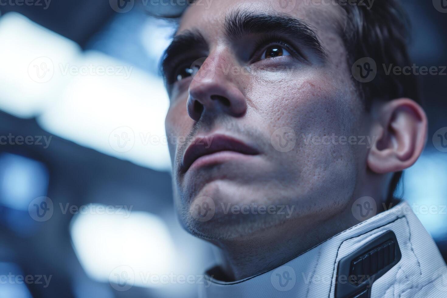 Young man in high-tech suit stares intently upward in futuristic setting, illuminated by soft, diffused blue and white light, expressing focus and determination, with face in close-up photo