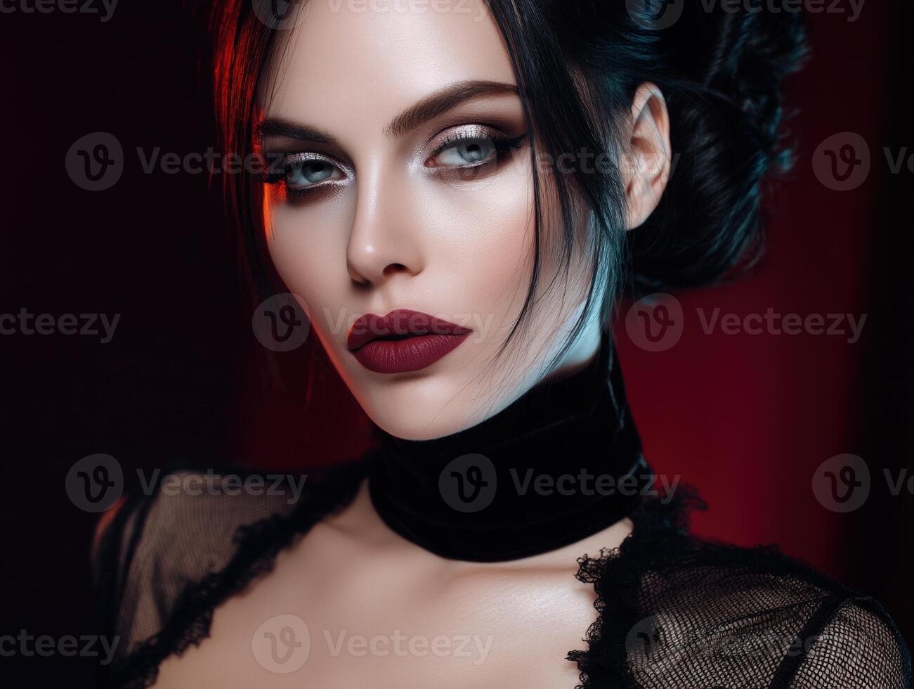Elegant woman with dark hair styled in an updo, wearing bold red lipstick and dramatic eye makeup. She dons a lace-trimmed black sheer top with a velvet choker, exuding glamour photo