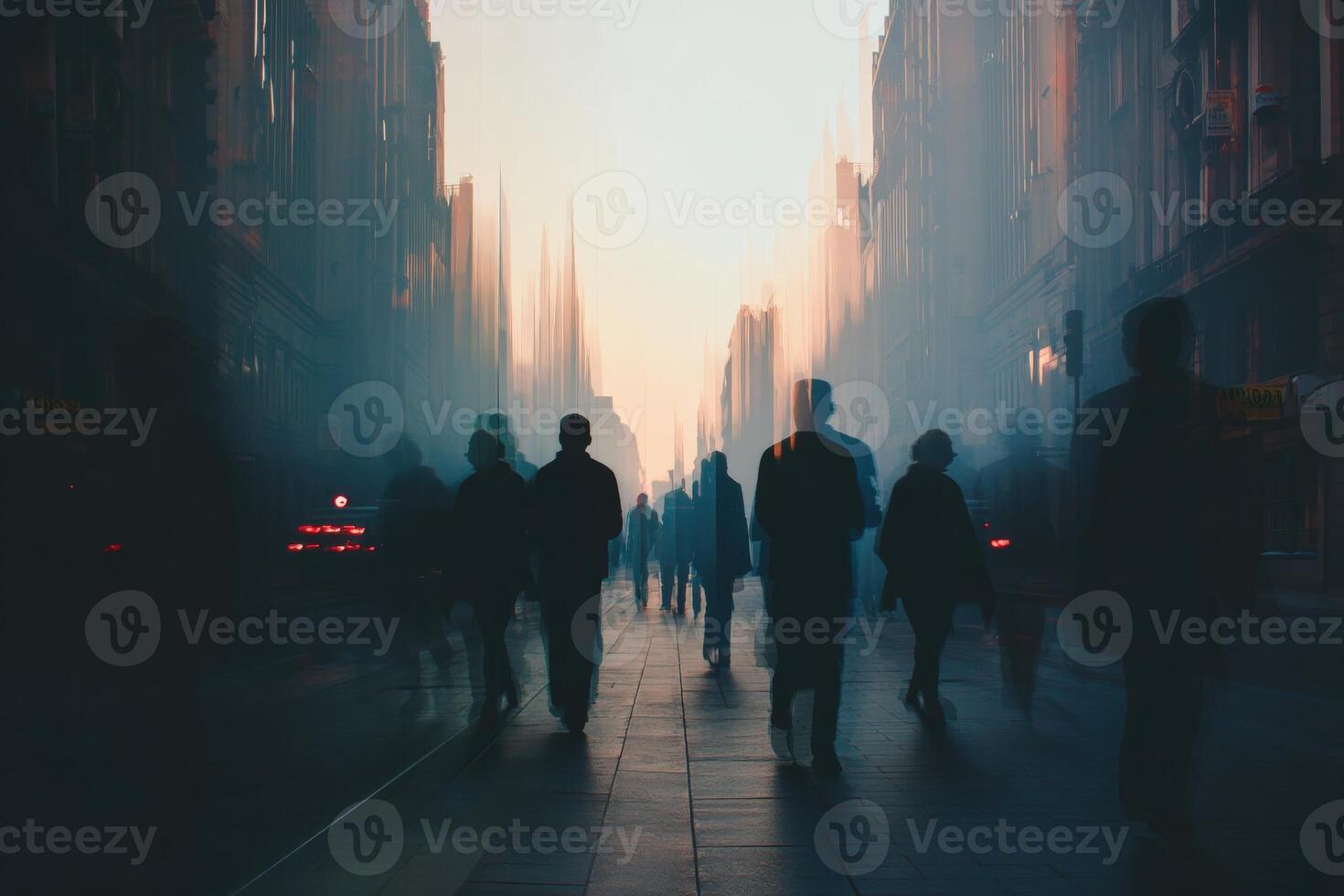 Silhouettes of people walking on a city street at twilight, with tall buildings lining the sides and a misty atmosphere creating a dreamy, mysterious, and moody ambiance photo