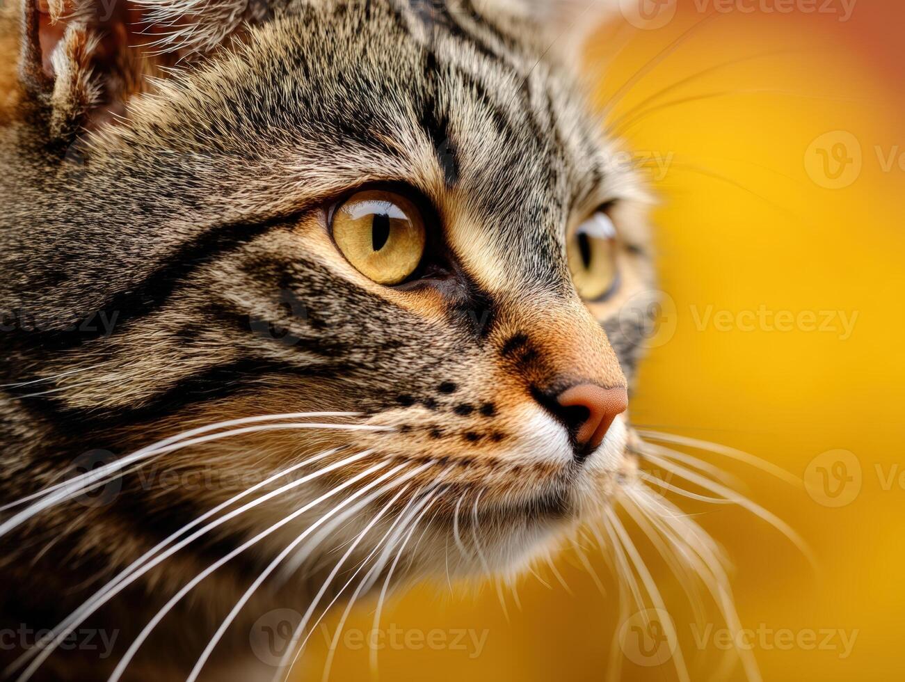 Close-up of a tabby cat with striking yellow eyes facing right. The fur has a mix of brown and black stripes. Long white whiskers stand out against its soft fur. Warm yellow background photo