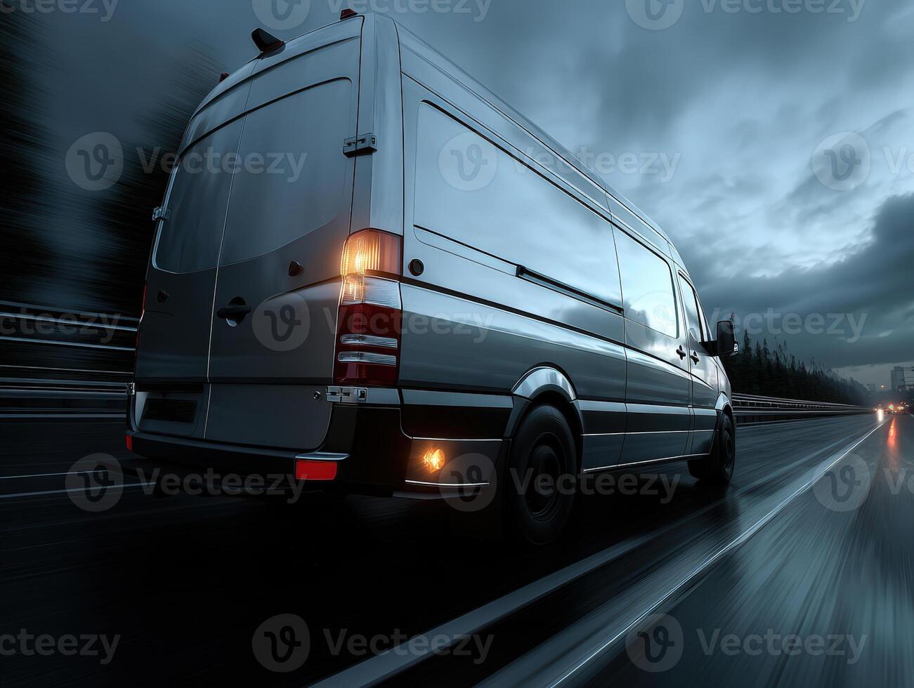 Silver van drives swiftly on a wet, reflective highway at dusk, tail lights illuminated. Trees blur in the background, suggesting speed. The van's sleek design contrasts with the moody sky photo