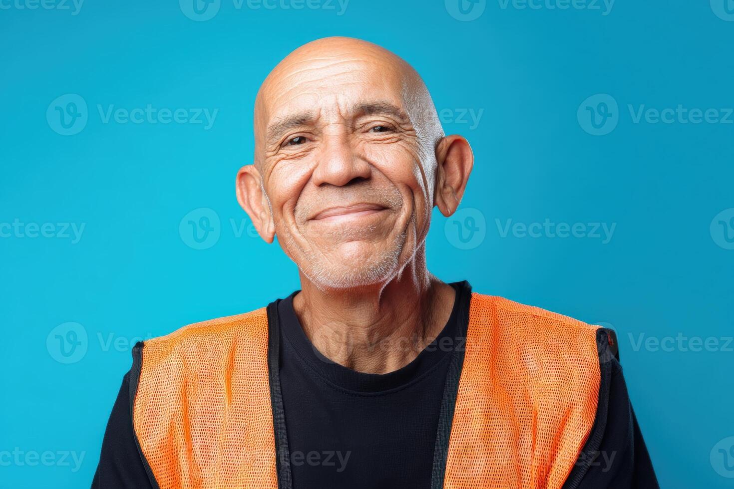 Smiling bald man wearing a bright orange safety vest over a black shirt. His expression is warm and friendly, with a light beard visible on his chin. Blue background contrasts nicely with attire photo