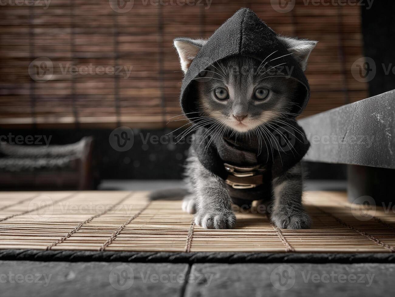 Gray tabby kitten wearing a black hooded cloak stands confidently on a bamboo mat. The feline's piercing eyes and curious expression create a striking contrast in this cozy setting photo