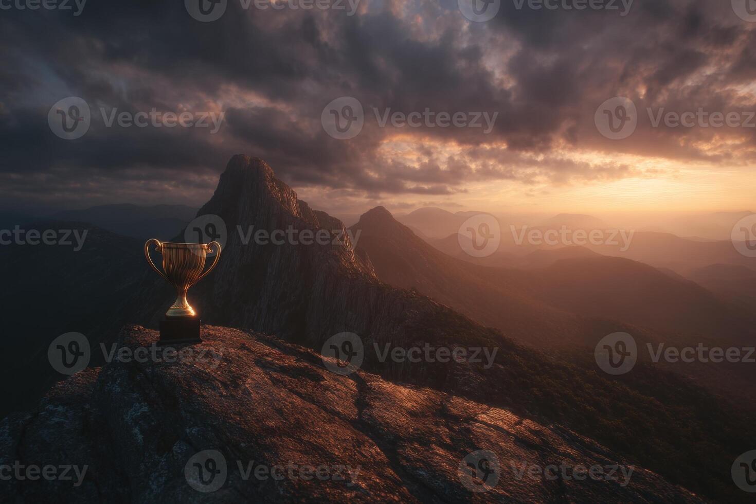 Golden trophy on rocky peak with dramatic, cloudy sky at sunset. Mountain range fades into the horizon, creating a sense of achievement and adventure. Light casts warm tones over the scene photo