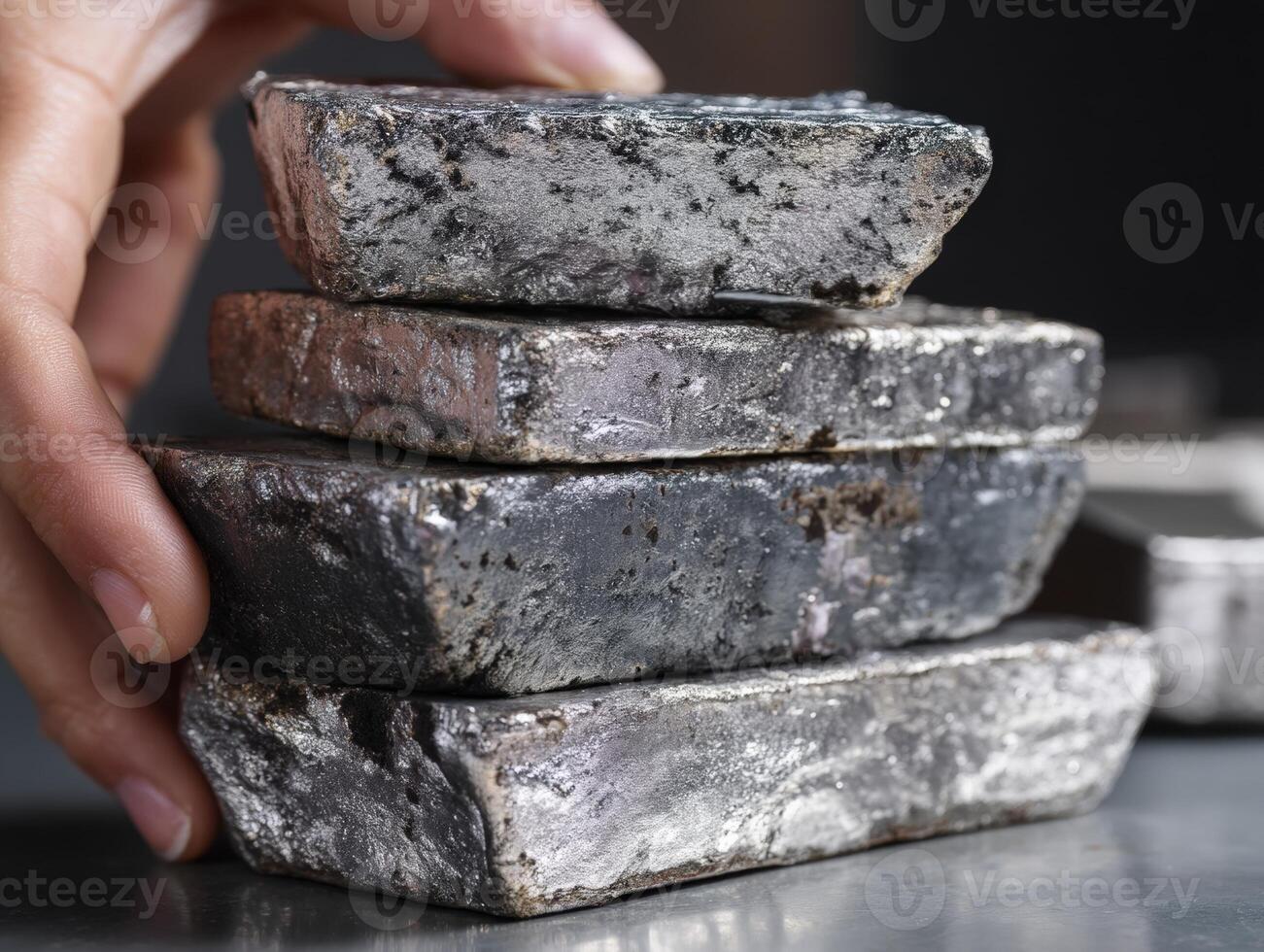 Stack of four rough, metallic bars with a hand adjusting them, showcasing the textured surface and edges. The bars have a rugged, uneven appearance, suggesting premium material photo