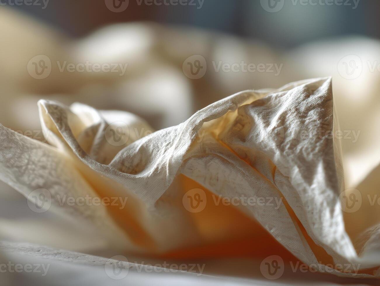 Crumpled, light-toned paper with intricate folds and creases in soft focus. The paper has a delicate, almost translucent appearance with varied lighting creating shadows and highlights photo