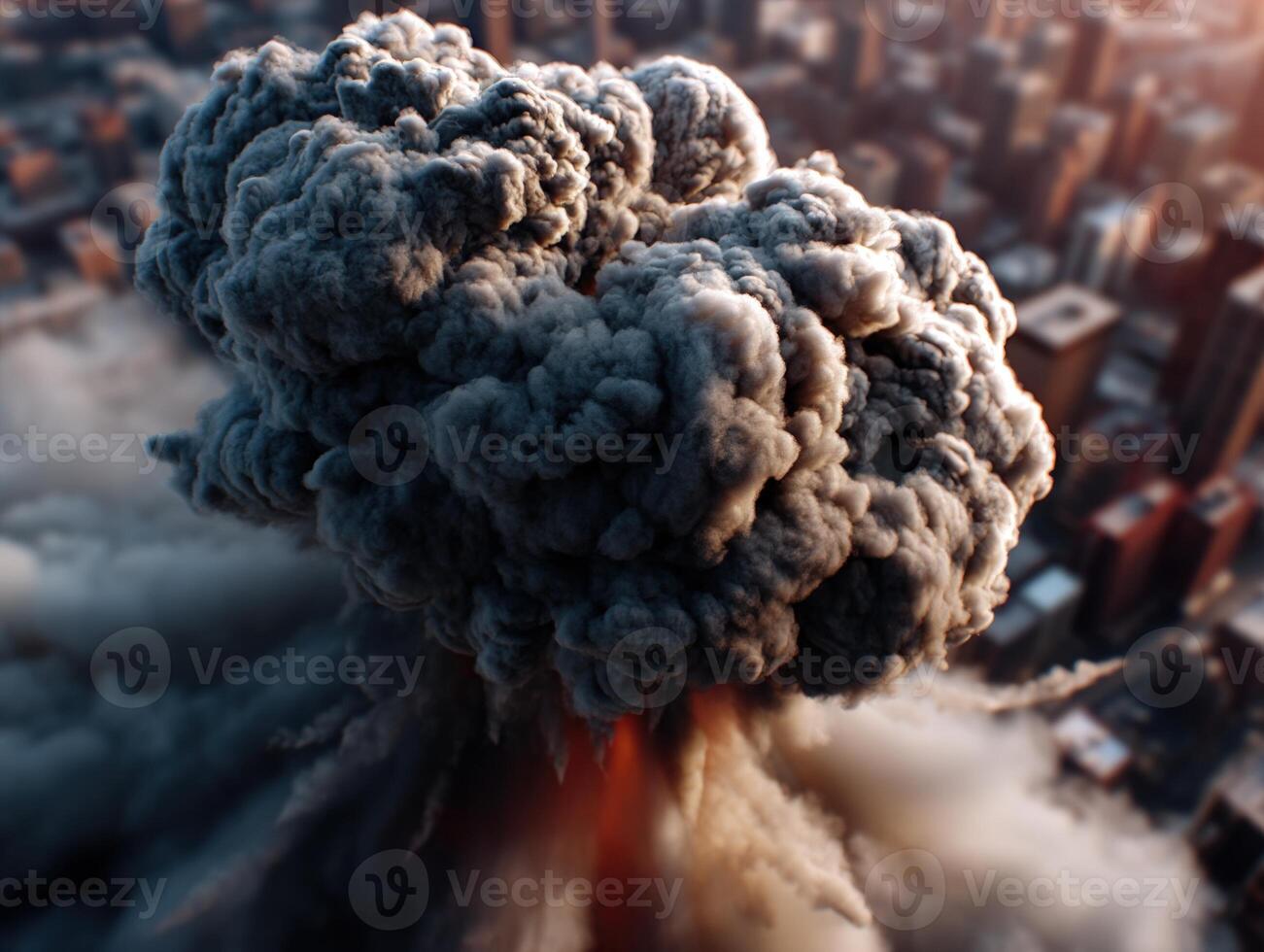 Towering cloud of dark smoke with fiery orange glow rises above urban landscape, buildings visible beneath. Dynamic and dramatic contrast between smoke and city adds intensity to scene photo