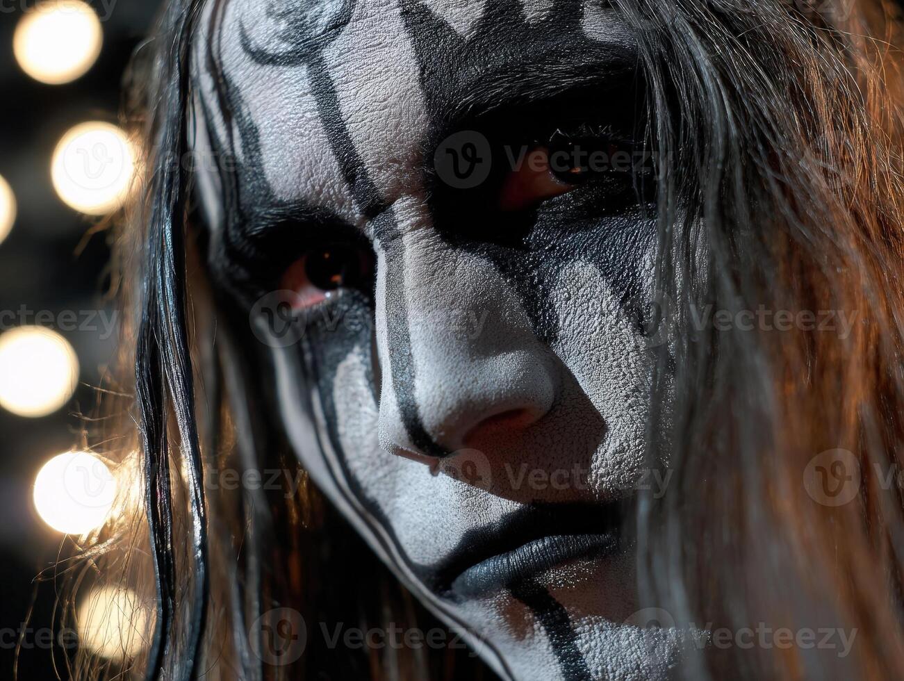 Monochrome face paint covers a person's intense expression with intricate black patterns. Long hair partially obscures the mysterious and dramatic face, highlighted by bokeh lights photo