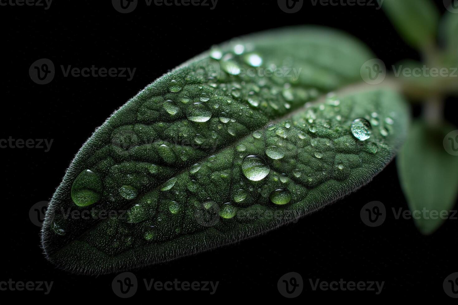 Close-up of a vibrant green leaf with prominent surface texture, covered in shimmering water droplets. The droplets vary in size, enhancing the leaf's vivid color and intricate details photo