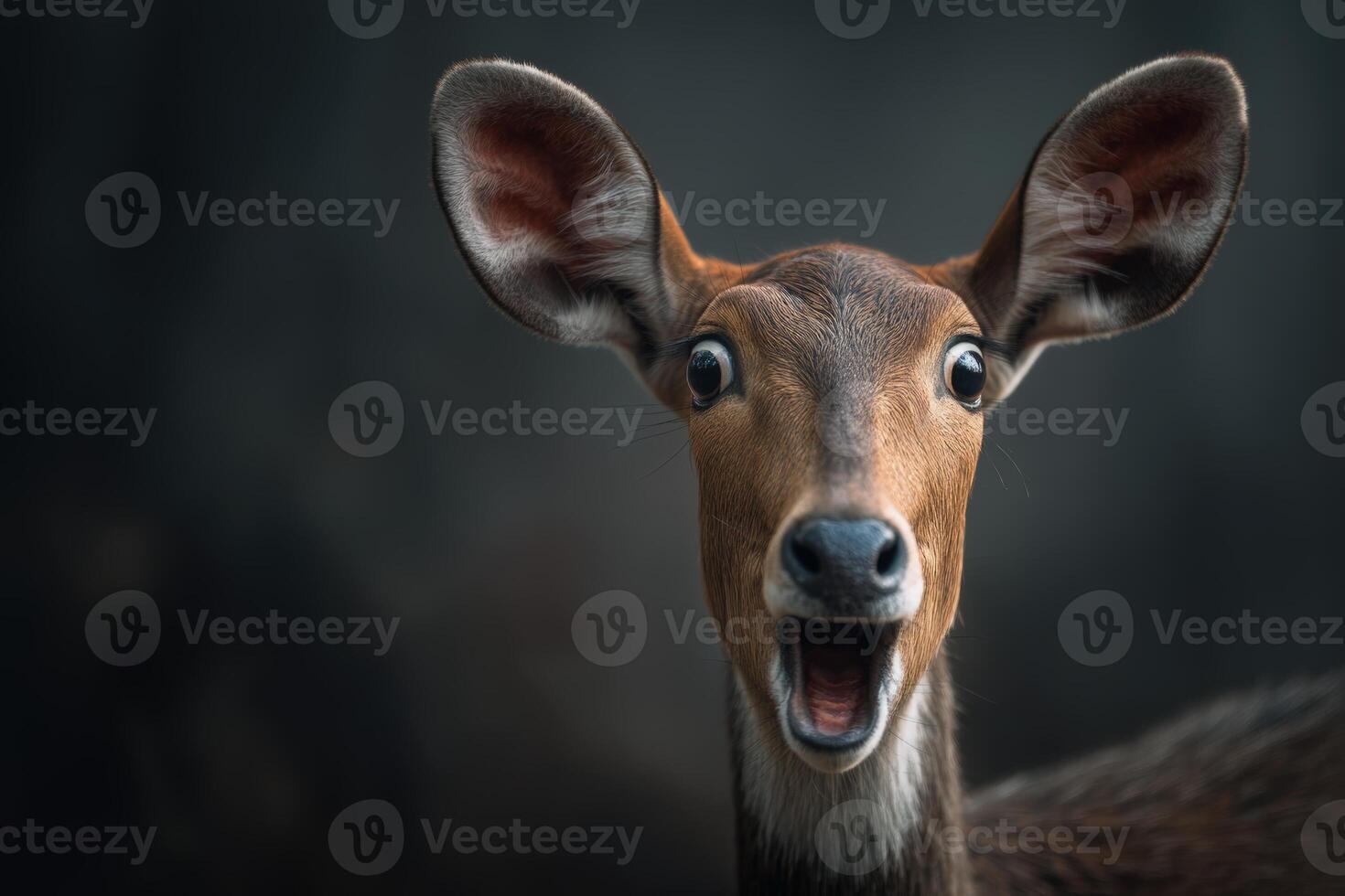 A deer with wide eyes and an open mouth appears surprised or curious. Its large ears point forward, capturing the viewer's attention while a dark, blurred background adds depth photo