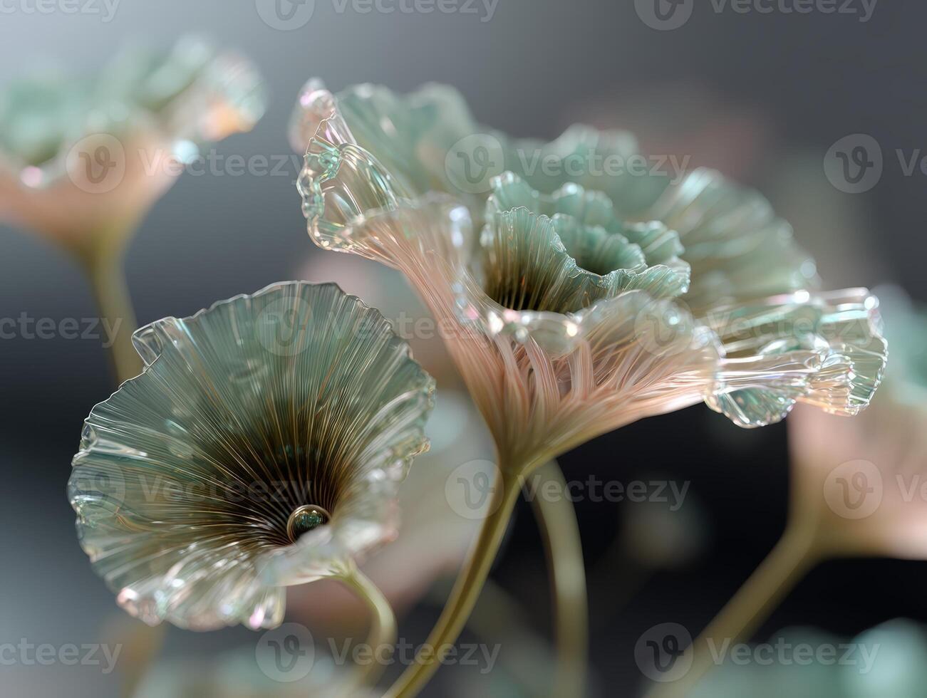 Delicate, translucent flowers with ruffled petals and thin, curving stems, displaying a soft gradient of pastel colors. The intricate details create an ethereal, dreamlike quality photo
