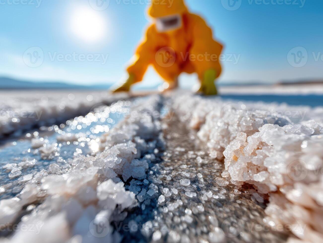 A person in yellow protective clothing and gloves gathers salt crystals on a reflective surface under a bright sun. The focus is on the salt, creating a striking visual contrast photo
