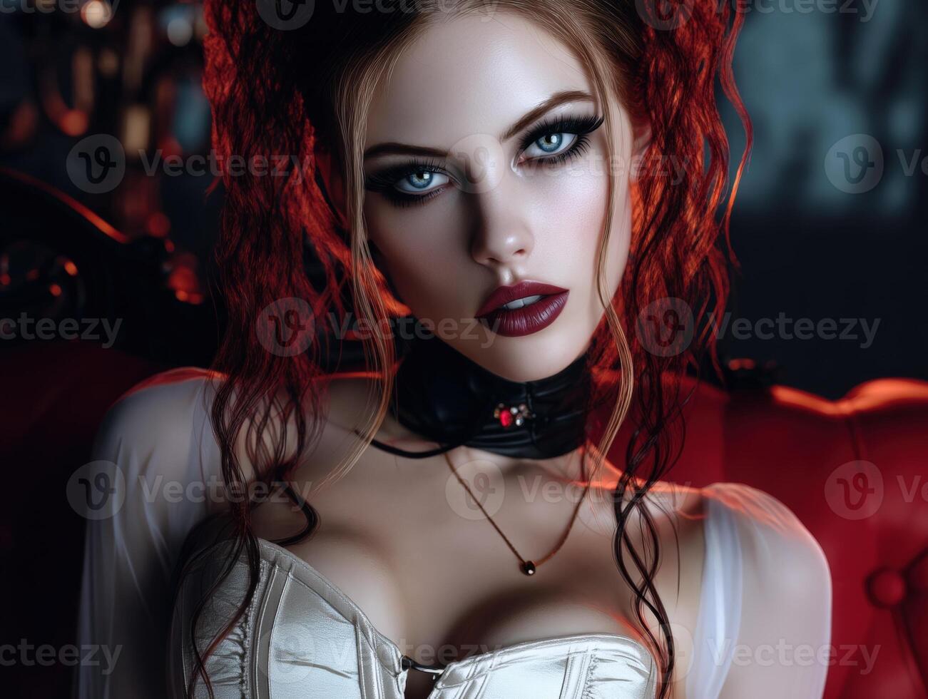 Model with striking makeup and intense gaze, adorned in dark choker and red lips, against a shadowed background. Her wavy, red hair frames her face and waist-cinched attire photo
