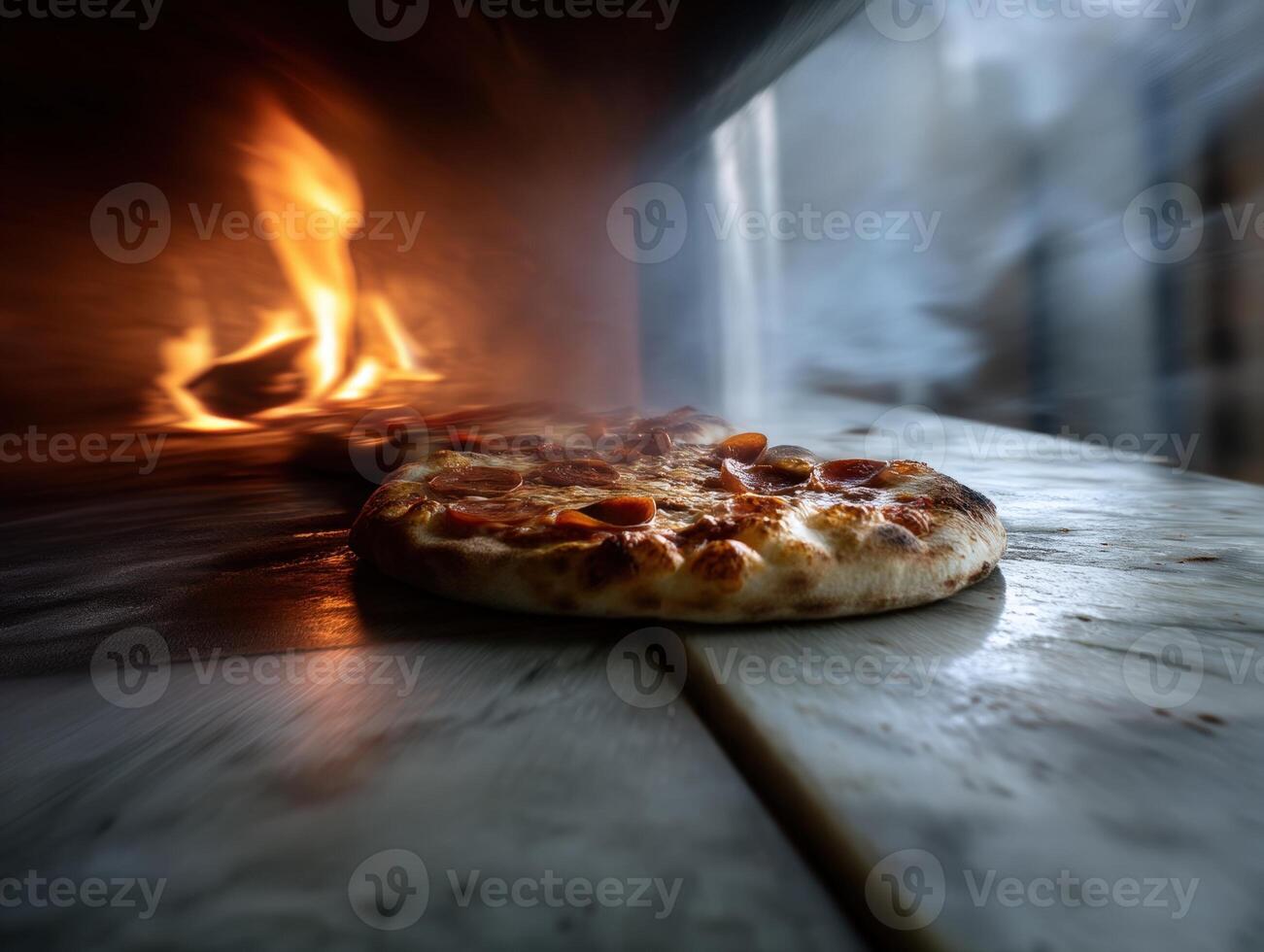 In a rustic oven, a pepperoni pizza bakes on a stone surface with bright flames in the background, emitting a warm, appetizing glow and smoky ambiance photo
