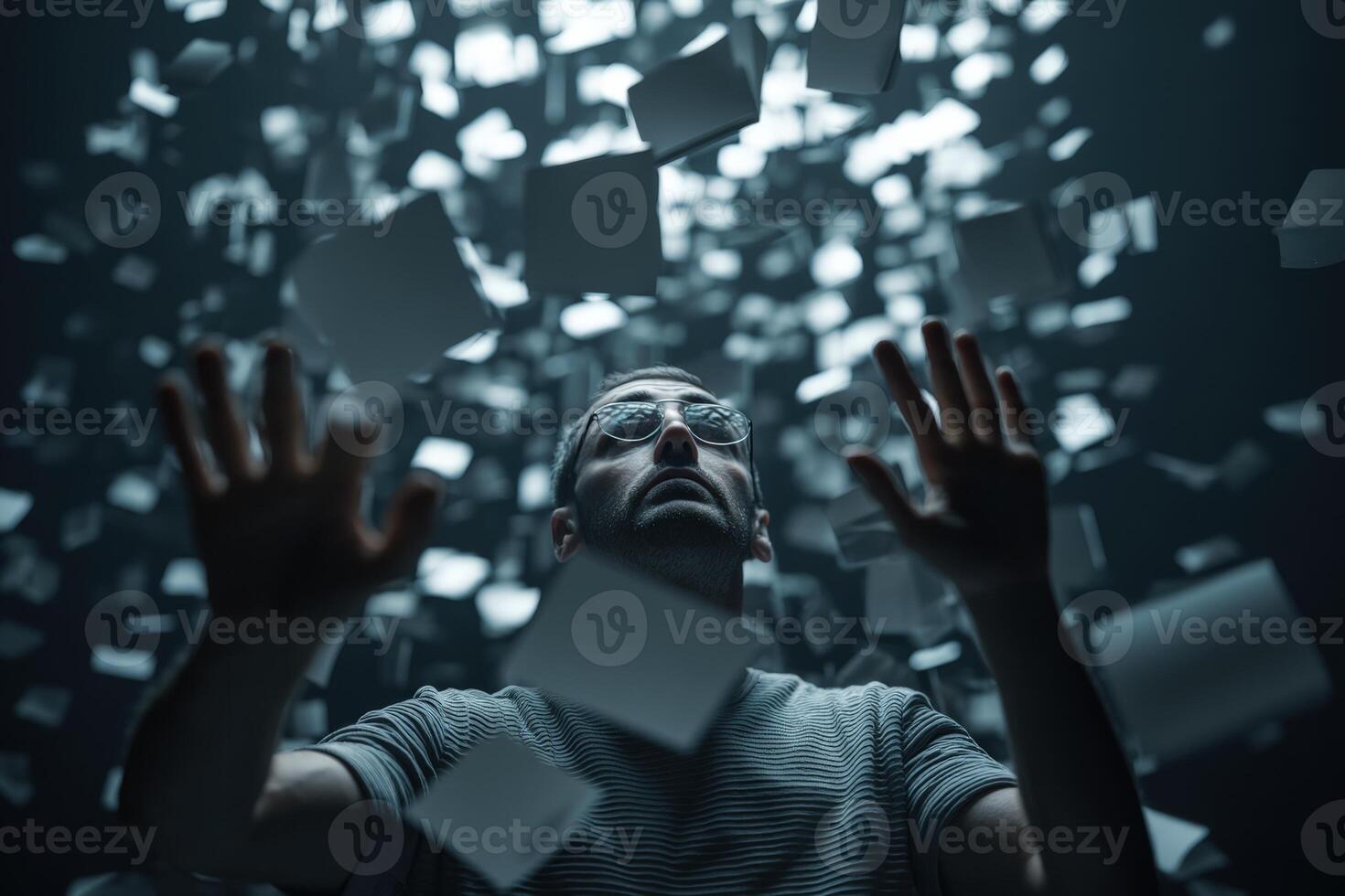 A man in glasses and a striped shirt reaches out as numerous papers float around him. The dim lighting creates a dramatic and immersive atmosphere, emphasizing movement and depth photo