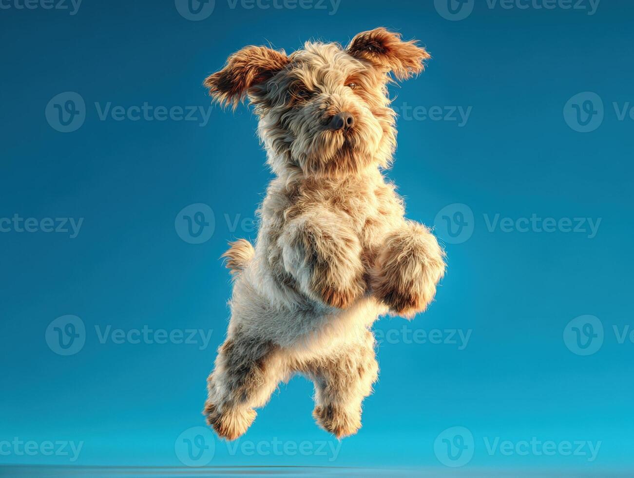 Furry brown dog joyfully mid-jump, fluffy ears flapping. Its playful expression captures a sense of motion and excitement, creating an uplifting atmosphere photo