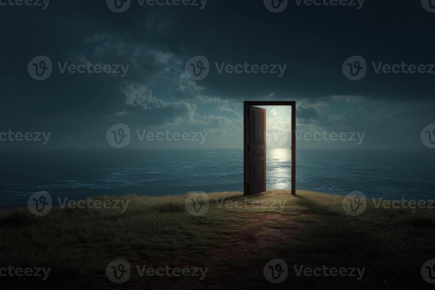 An open door stands on a grassy field under a cloudy, dark sky, revealing a serene ocean view with sunlight shining on the water. Light streams through the doorway, casting shadows photo
