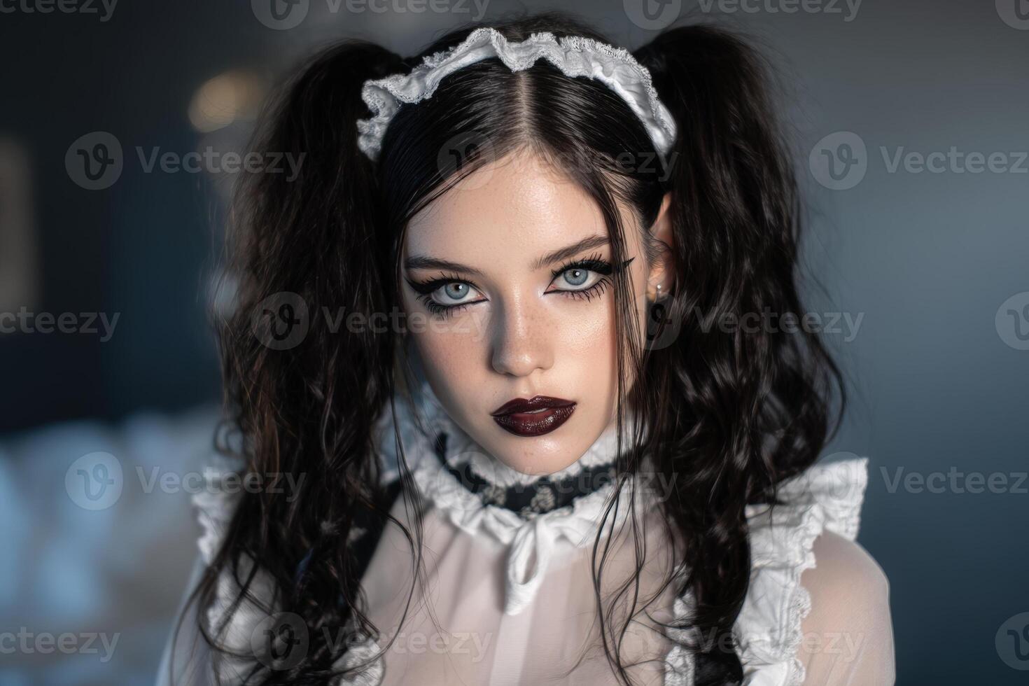 Young woman with striking blue eyes and dark lipstick wears ruffled attire, lace headband, and choker, styled in dark curly twin ponytails, gazing intensely at the camera photo