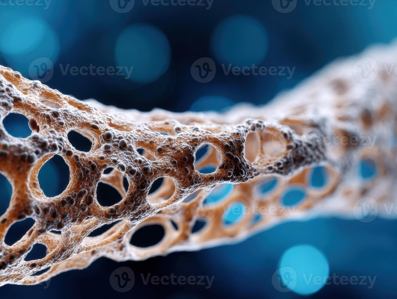 Organic structure with intricate porous texture resembling a natural or biological element, detailed close-up in warm tones, against a softly blurred background with blue bokeh lights photo