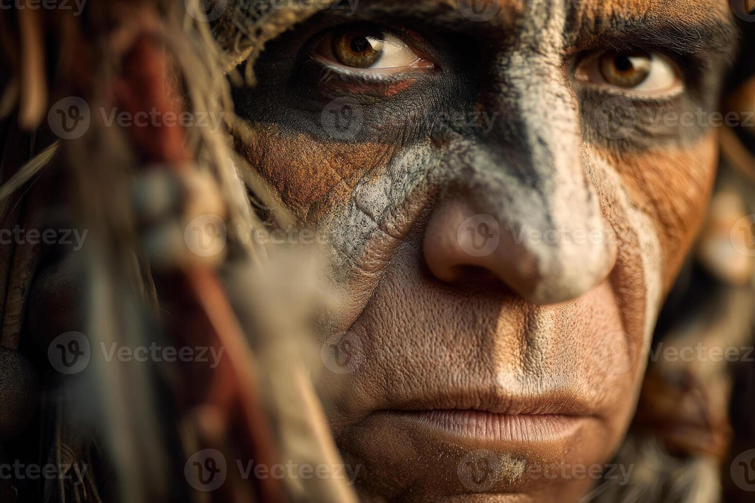 Close-up of a face focused on expressive eyes, adorned with intricate tribal-style body paint in earth tones. Detail highlights texture and emotion, drawing attention to cultural expression photo