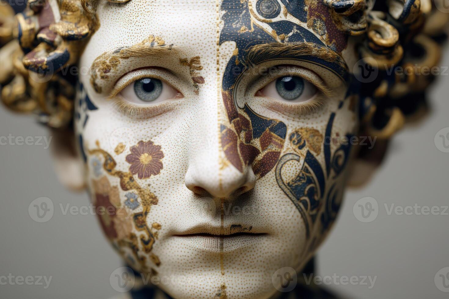 Curly-haired sculpture face with intricate, colorful floral patterns on half the skin. The realistic eyes create a striking contrast, enhancing the detailed artistic design photo
